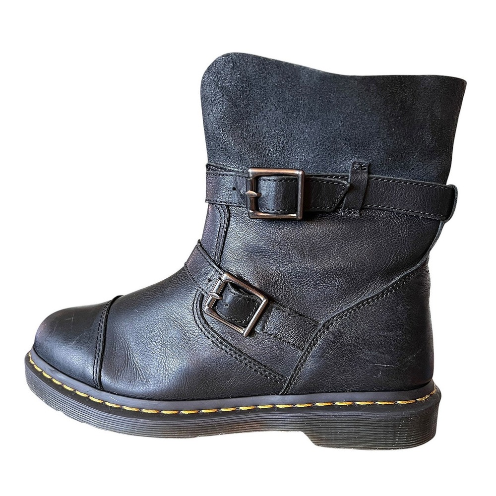 Dr. Martens Kristy Black Leather Suede Biker Boots Buckle Mid Calf Womens 9 - Picture 3 of 16